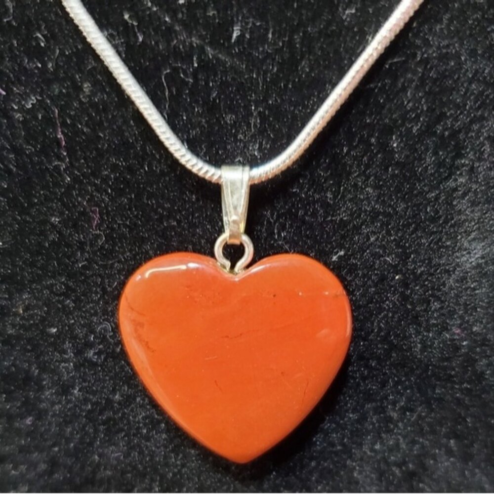 Red Jasper Carved Heart Pendant With 925 Silver Plated Rope Chain